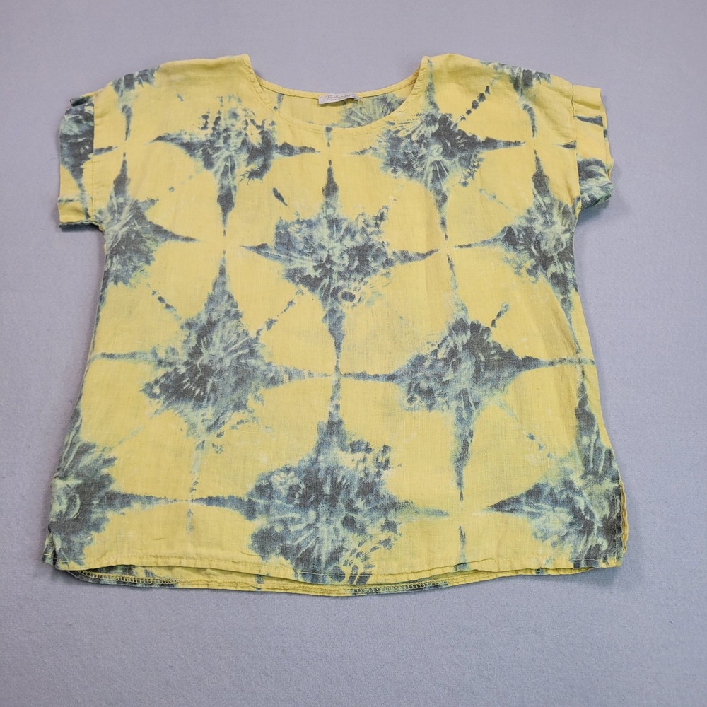 Bellambra Italy Linen Tie Dye Short Sleeve Top Yellow Blue Medium